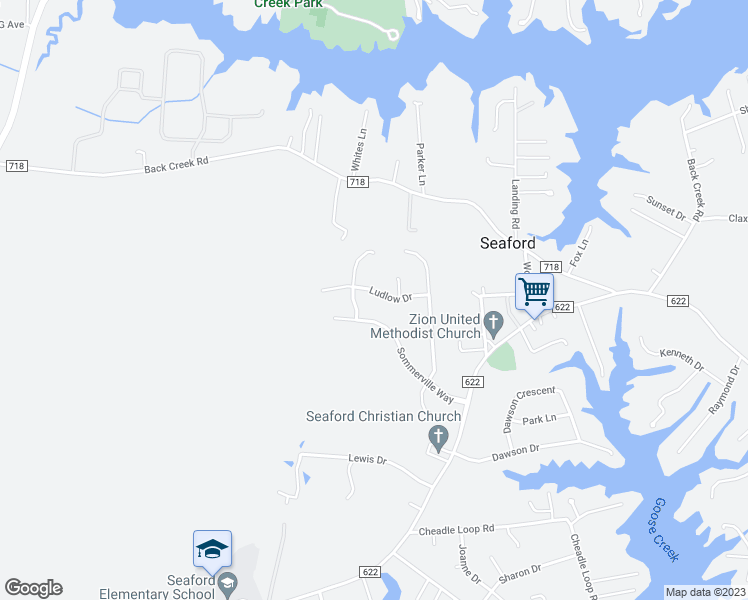 map of restaurants, bars, coffee shops, grocery stores, and more near 207 Ludlow Drive in Seaford