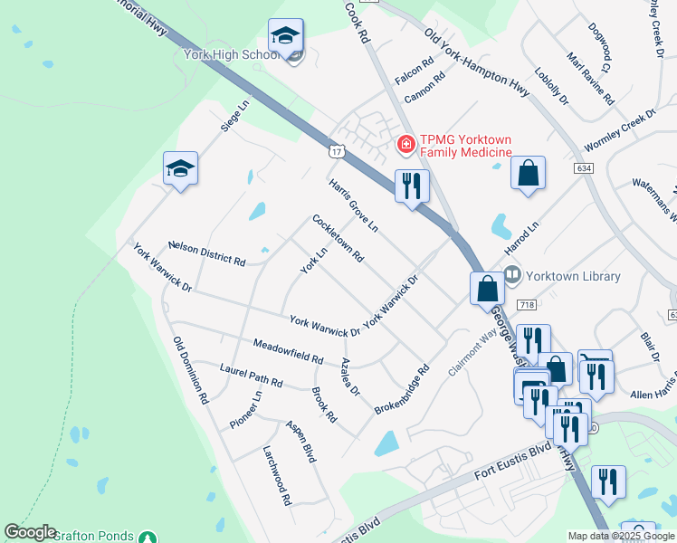 map of restaurants, bars, coffee shops, grocery stores, and more near 314 Grafton District Road in Yorktown