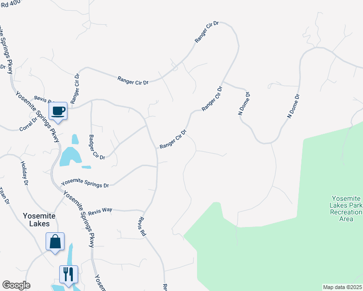 map of restaurants, bars, coffee shops, grocery stores, and more near 43629 Ranger Circle Drive in Coarsegold