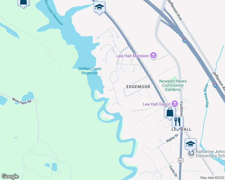 map of restaurants, bars, coffee shops, grocery stores, and more near 55 Creekstone Drive in Newport News