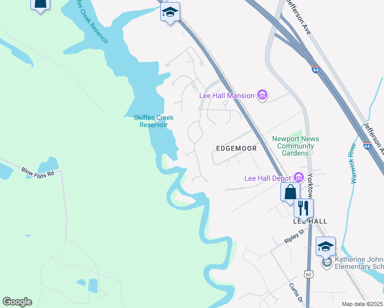map of restaurants, bars, coffee shops, grocery stores, and more near 55 Creekstone Drive in Newport News