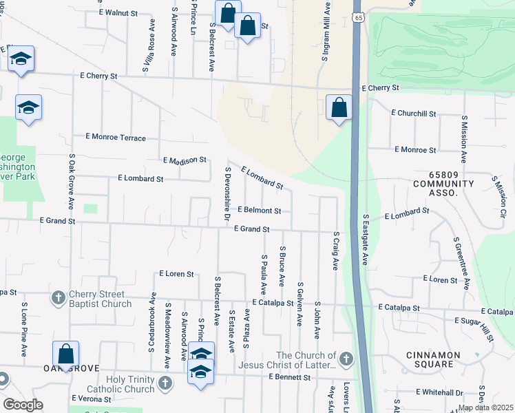 map of restaurants, bars, coffee shops, grocery stores, and more near 919 South Paula Avenue in Springfield