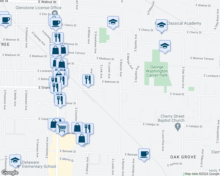 map of restaurants, bars, coffee shops, grocery stores, and more near 2119 East Grand Street in Springfield