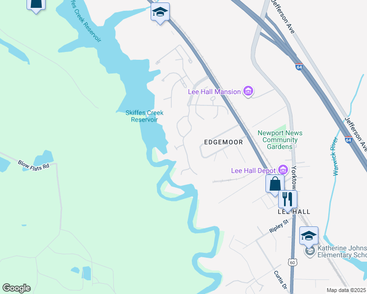 map of restaurants, bars, coffee shops, grocery stores, and more near 9 Creekmere Cove in Newport News