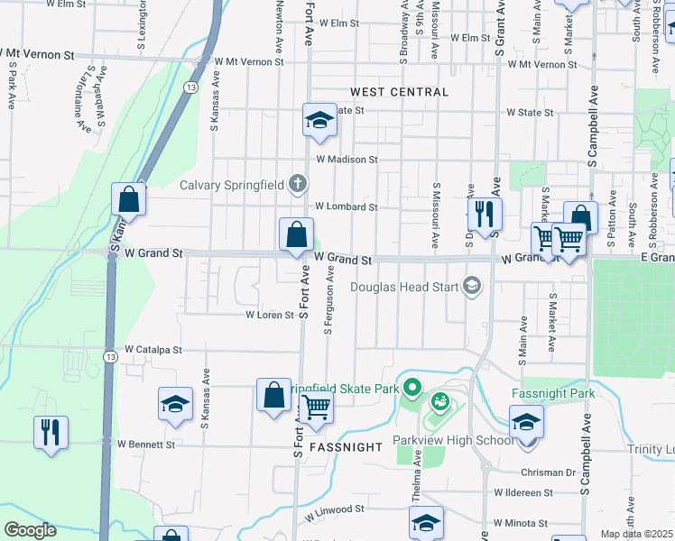 map of restaurants, bars, coffee shops, grocery stores, and more near 1001 South New Avenue in Springfield