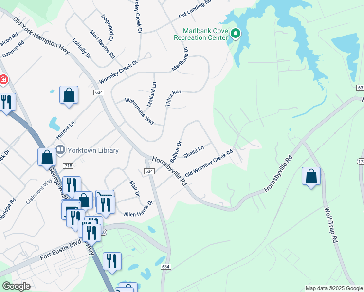 map of restaurants, bars, coffee shops, grocery stores, and more near 205 Bolivar Drive in Yorktown