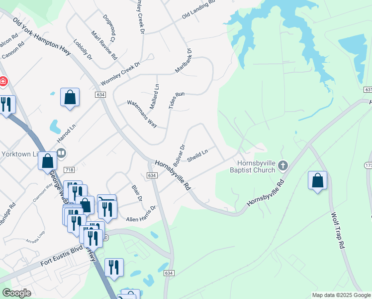 map of restaurants, bars, coffee shops, grocery stores, and more near 205 Bolivar Drive in Yorktown