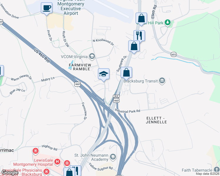 map of restaurants, bars, coffee shops, grocery stores, and more near 200 Southpark Drive in Blacksburg