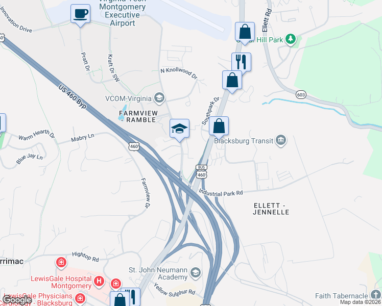 map of restaurants, bars, coffee shops, grocery stores, and more near 2503 Ridge Road in Blacksburg