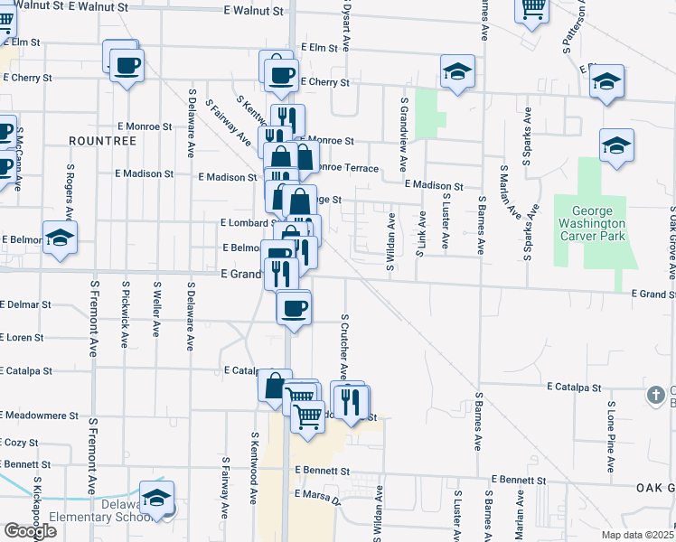 map of restaurants, bars, coffee shops, grocery stores, and more near 1863 Grand Street in Springfield
