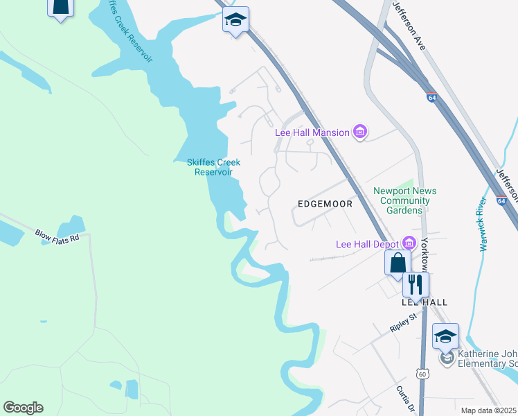 map of restaurants, bars, coffee shops, grocery stores, and more near 9 Creekmere Cove in Newport News