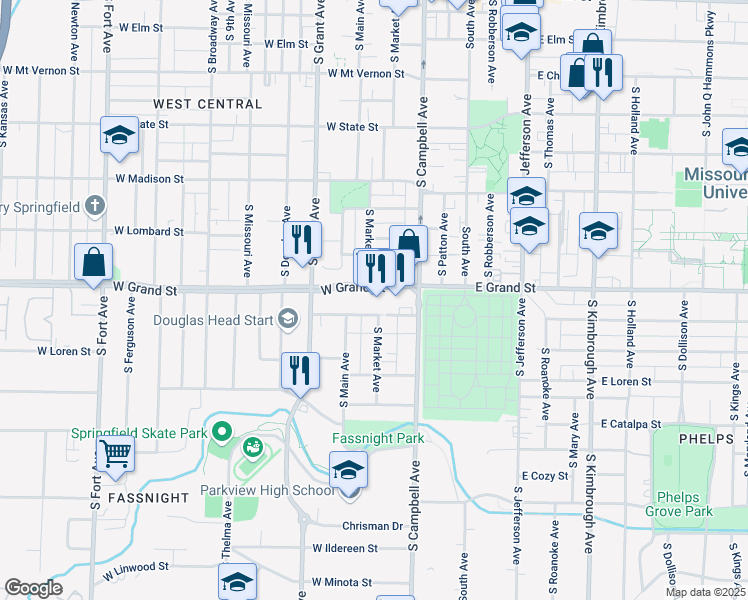 map of restaurants, bars, coffee shops, grocery stores, and more near 505 West Grand Street in Springfield