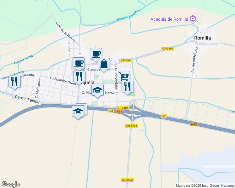 map of restaurants, bars, coffee shops, grocery stores, and more near 27 Avenida de Andalucía in Cijuela