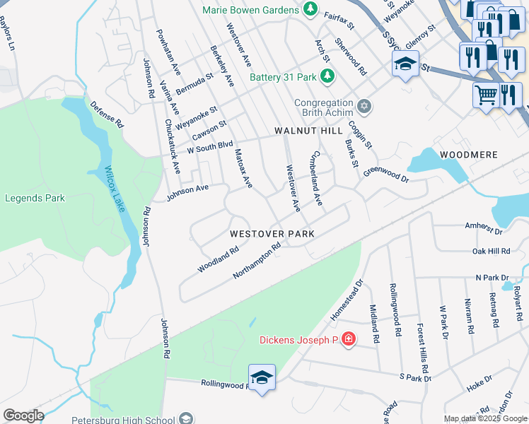 map of restaurants, bars, coffee shops, grocery stores, and more near 2014 Matoax Avenue in Petersburg
