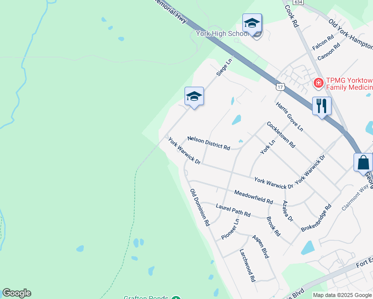 map of restaurants, bars, coffee shops, grocery stores, and more near 902 York Warwick Drive in Yorktown