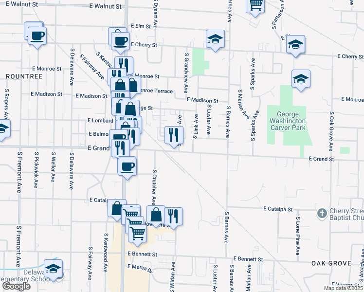 map of restaurants, bars, coffee shops, grocery stores, and more near 933 South Link Avenue in Springfield