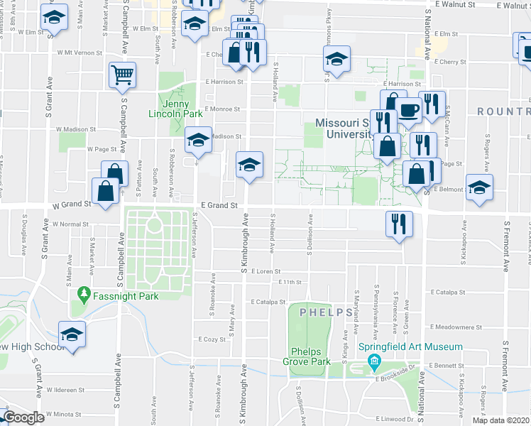 map of restaurants, bars, coffee shops, grocery stores, and more near 613 Grand Street in Springfield