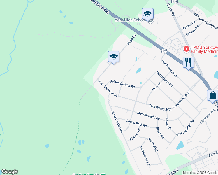map of restaurants, bars, coffee shops, grocery stores, and more near 902 York Warwick Drive in Yorktown