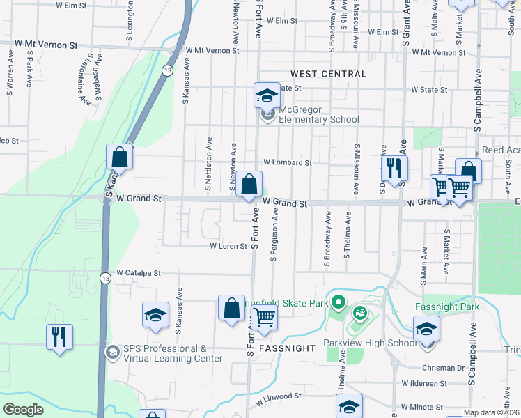 map of restaurants, bars, coffee shops, grocery stores, and more near in Springfield