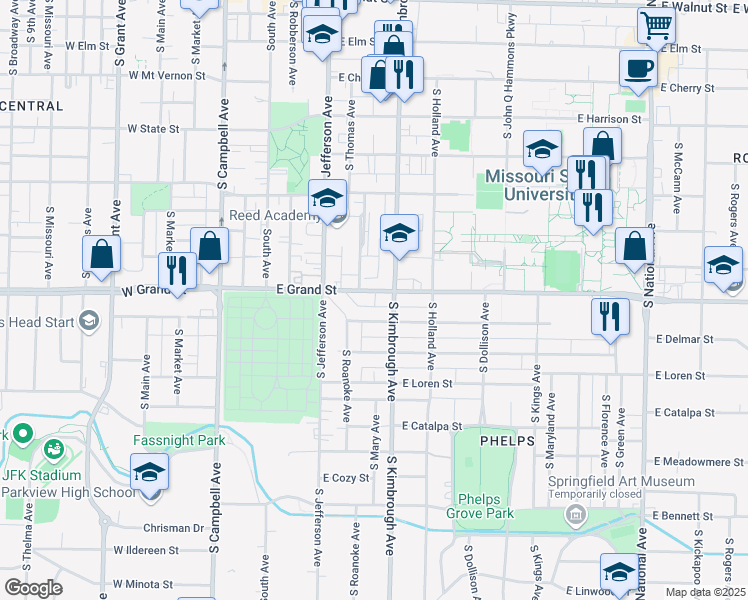 map of restaurants, bars, coffee shops, grocery stores, and more near 516 East Grand Street in Springfield