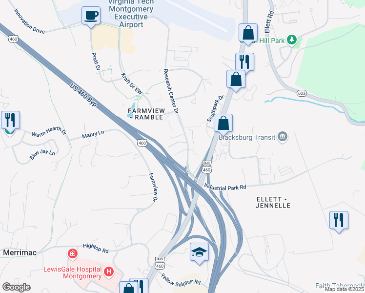 map of restaurants, bars, coffee shops, grocery stores, and more near 2470 Research Center Drive in Blacksburg