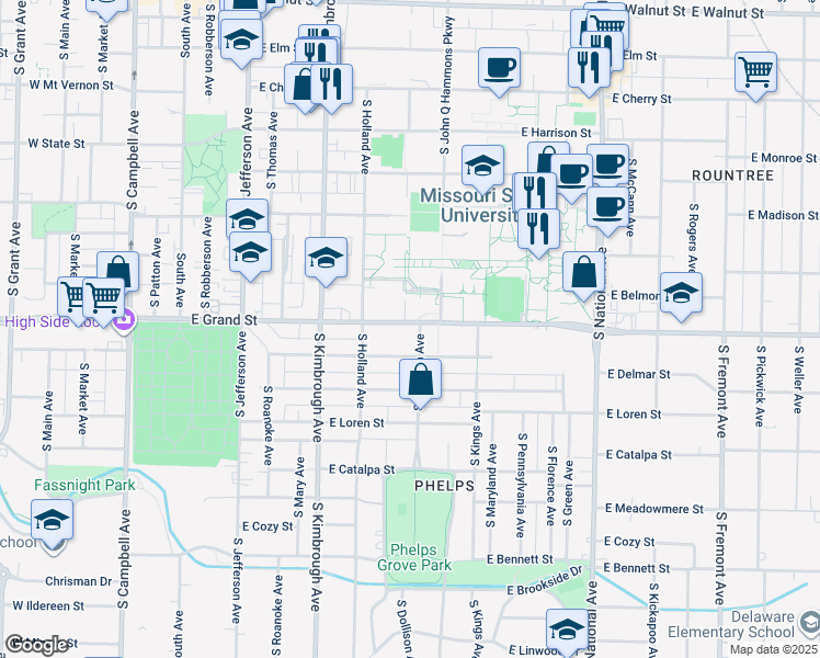 map of restaurants, bars, coffee shops, grocery stores, and more near 800 Grand Street in Springfield