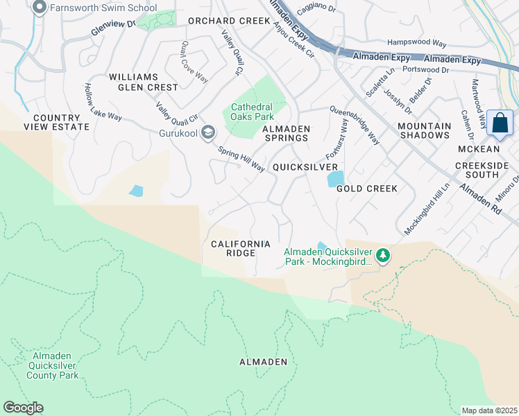 map of restaurants, bars, coffee shops, grocery stores, and more near 1189 Spring Hill Way in San Jose