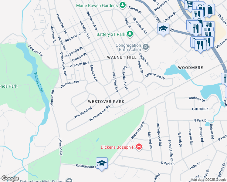 map of restaurants, bars, coffee shops, grocery stores, and more near 2036 Westover Avenue in Petersburg