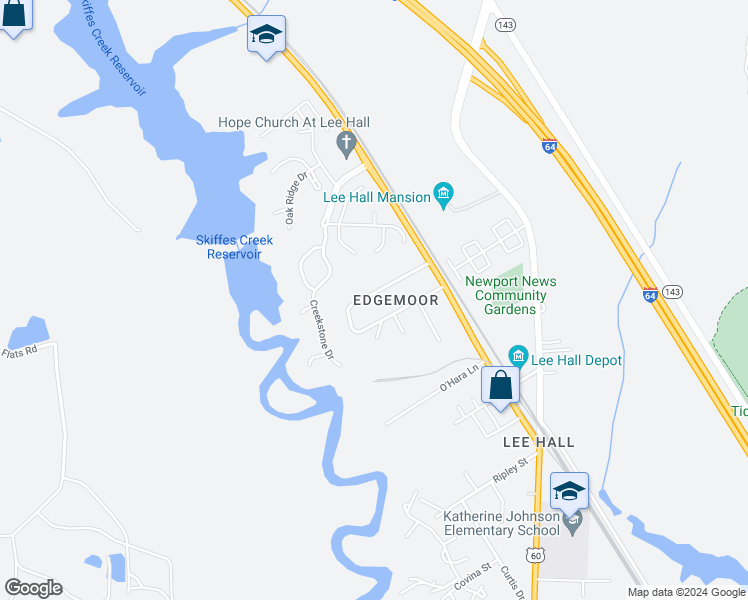 map of restaurants, bars, coffee shops, grocery stores, and more near 21 Edgemoor Drive in Newport News