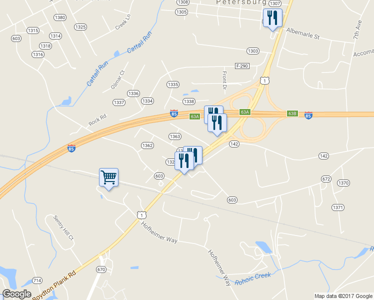 map of restaurants, bars, coffee shops, grocery stores, and more near 25312 Ritchie Avenue in Petersburg