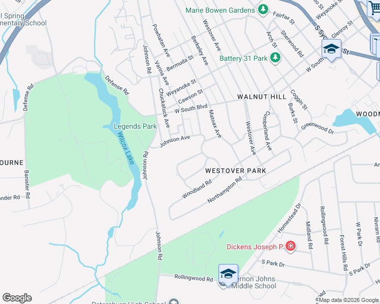 map of restaurants, bars, coffee shops, grocery stores, and more near 1112 Johnson Avenue in Petersburg