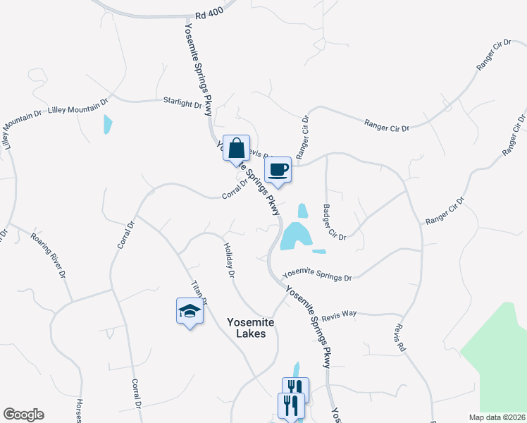 map of restaurants, bars, coffee shops, grocery stores, and more near 30850 Yosemite Springs Parkway in Coarsegold