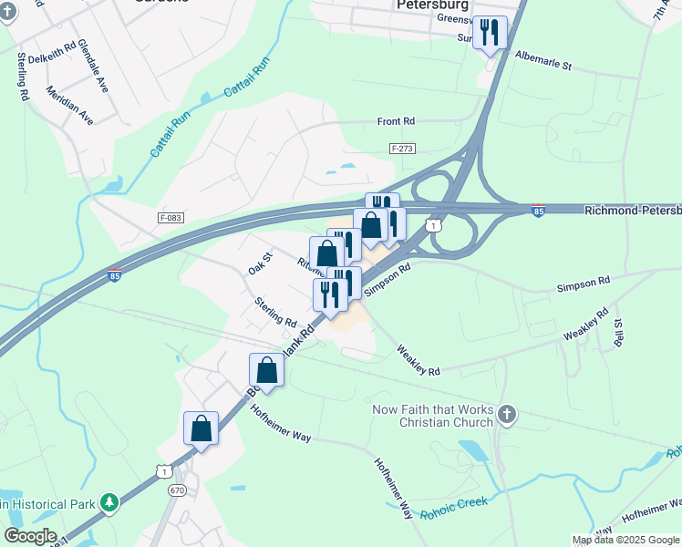 map of restaurants, bars, coffee shops, grocery stores, and more near 25312 Ritchie Avenue in Petersburg