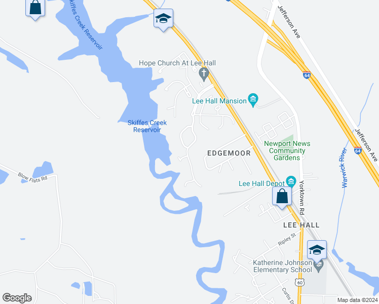 map of restaurants, bars, coffee shops, grocery stores, and more near 58 Creekstone Drive in Newport News