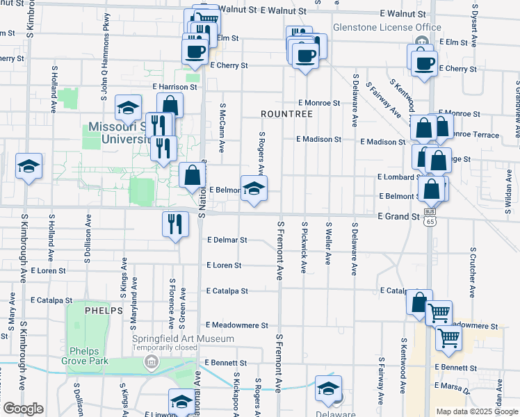 map of restaurants, bars, coffee shops, grocery stores, and more near 1333 East Grand Street in Springfield