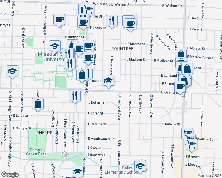 map of restaurants, bars, coffee shops, grocery stores, and more near 1333 East Grand Street in Springfield
