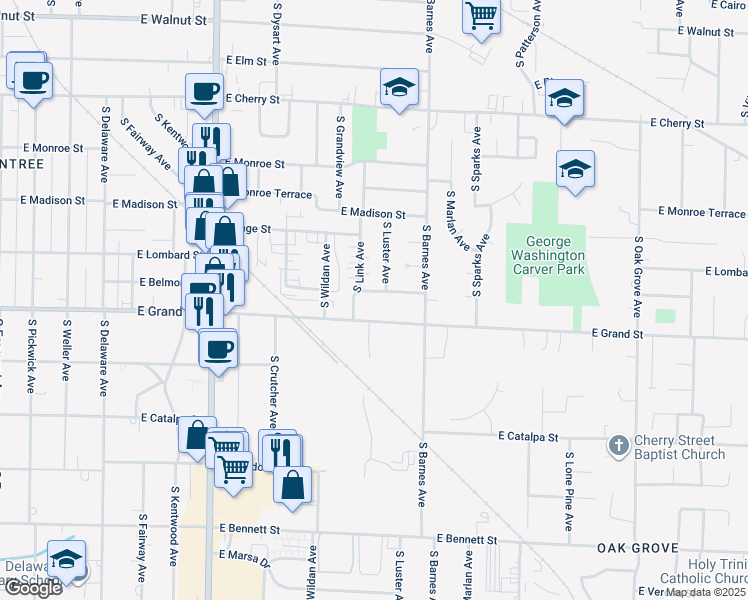 map of restaurants, bars, coffee shops, grocery stores, and more near 2104 East Belmont Street in Springfield
