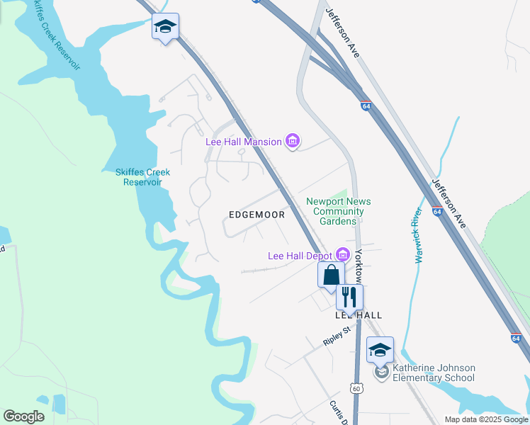 map of restaurants, bars, coffee shops, grocery stores, and more near 12 Carleton Road in Newport News