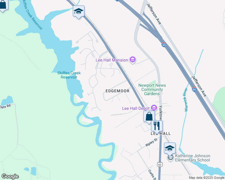 map of restaurants, bars, coffee shops, grocery stores, and more near 19 Edgemoor Drive in Newport News
