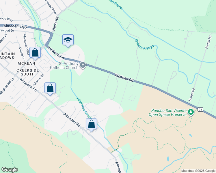 map of restaurants, bars, coffee shops, grocery stores, and more near 20427 Hunter's Hill Road in San Jose