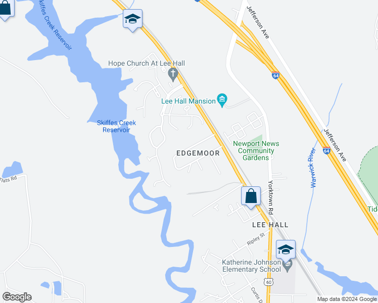 map of restaurants, bars, coffee shops, grocery stores, and more near 19 Edgemoor Drive in Newport News
