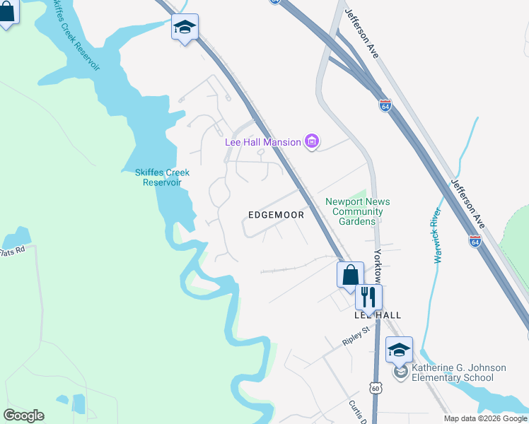 map of restaurants, bars, coffee shops, grocery stores, and more near 15 Edgemoor Drive in Newport News