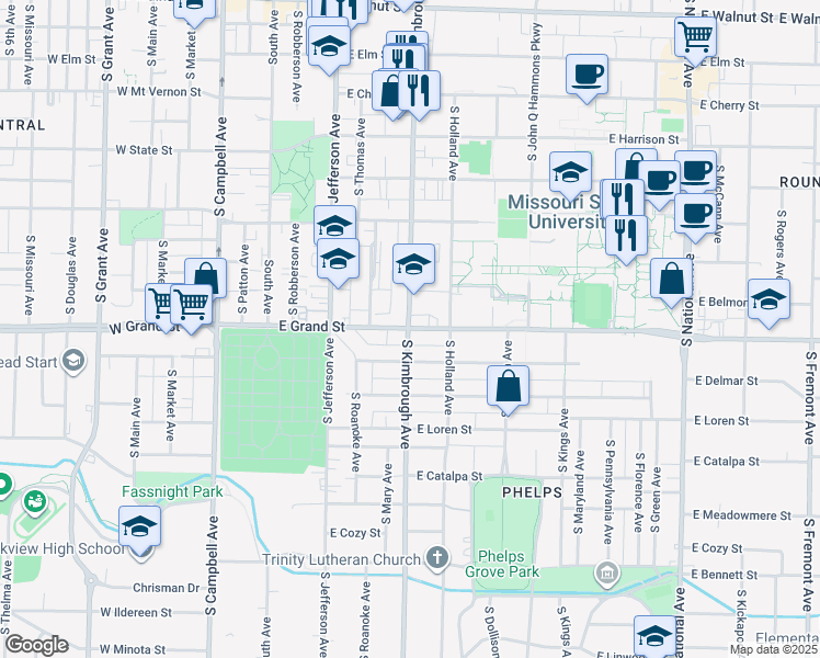map of restaurants, bars, coffee shops, grocery stores, and more near 613 Grand Street in Springfield