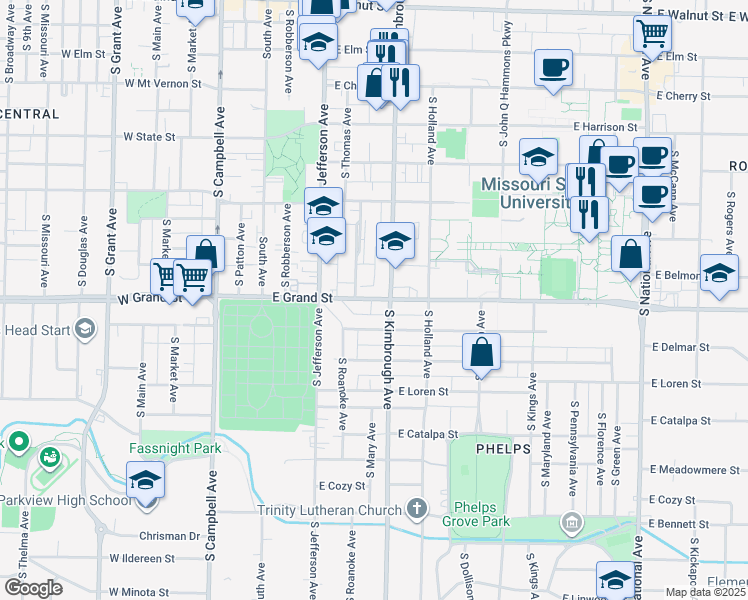 map of restaurants, bars, coffee shops, grocery stores, and more near 511 Grand Street in Springfield