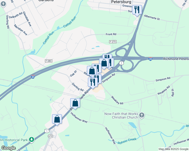 map of restaurants, bars, coffee shops, grocery stores, and more near 25312 Ritchie Avenue in Petersburg