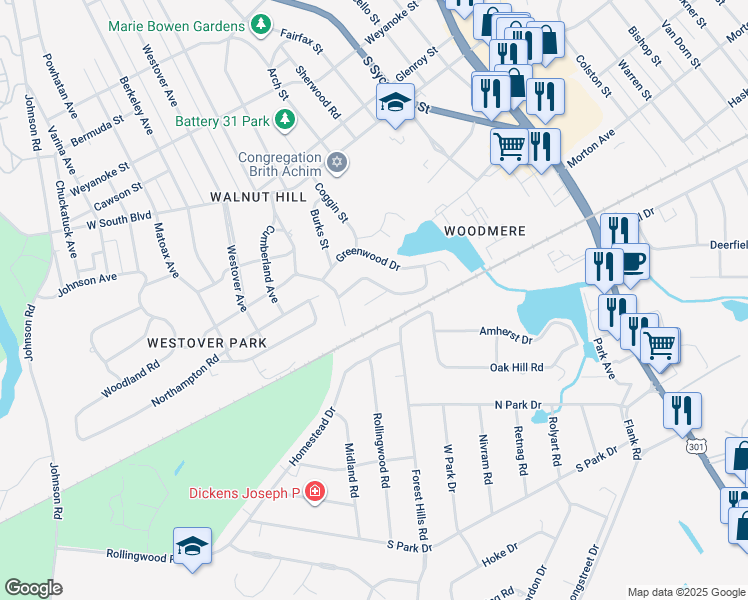 map of restaurants, bars, coffee shops, grocery stores, and more near 424 Parkwood Court in Petersburg