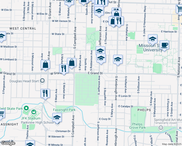 map of restaurants, bars, coffee shops, grocery stores, and more near E Grand St & S Robberson Ave in Springfield