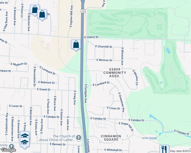 map of restaurants, bars, coffee shops, grocery stores, and more near 3501 East Lombard Street in Springfield