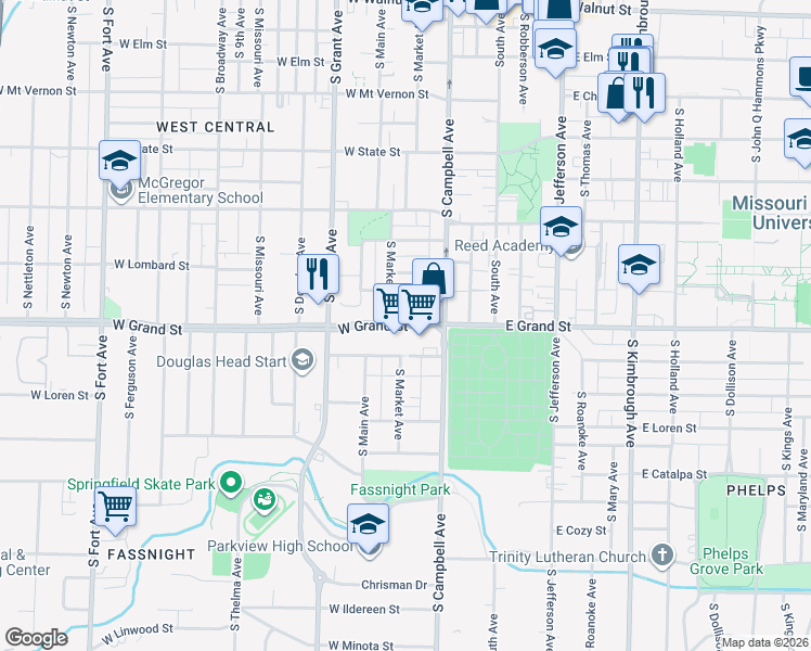 map of restaurants, bars, coffee shops, grocery stores, and more near 433 West Grand Street in Springfield