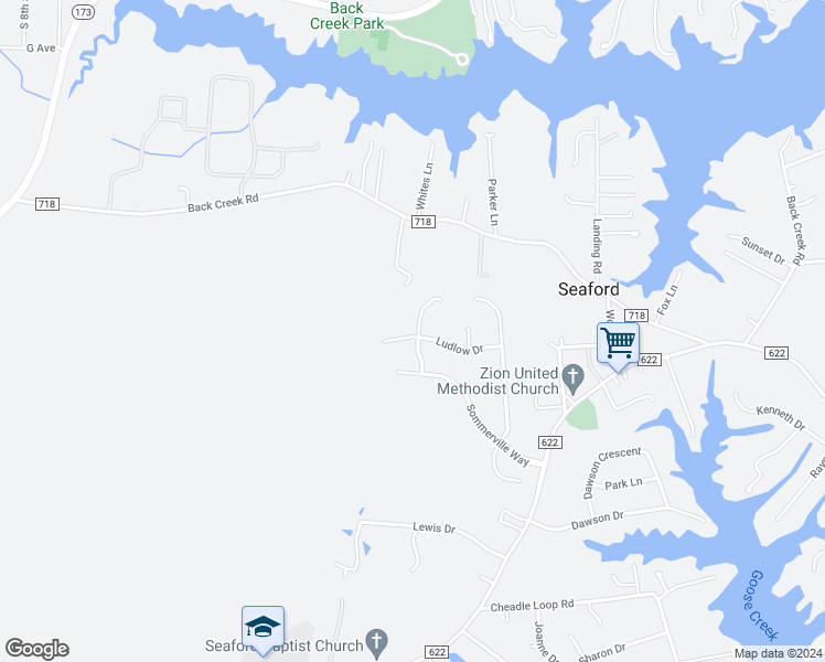 map of restaurants, bars, coffee shops, grocery stores, and more near 300 Ludlow Drive in Seaford